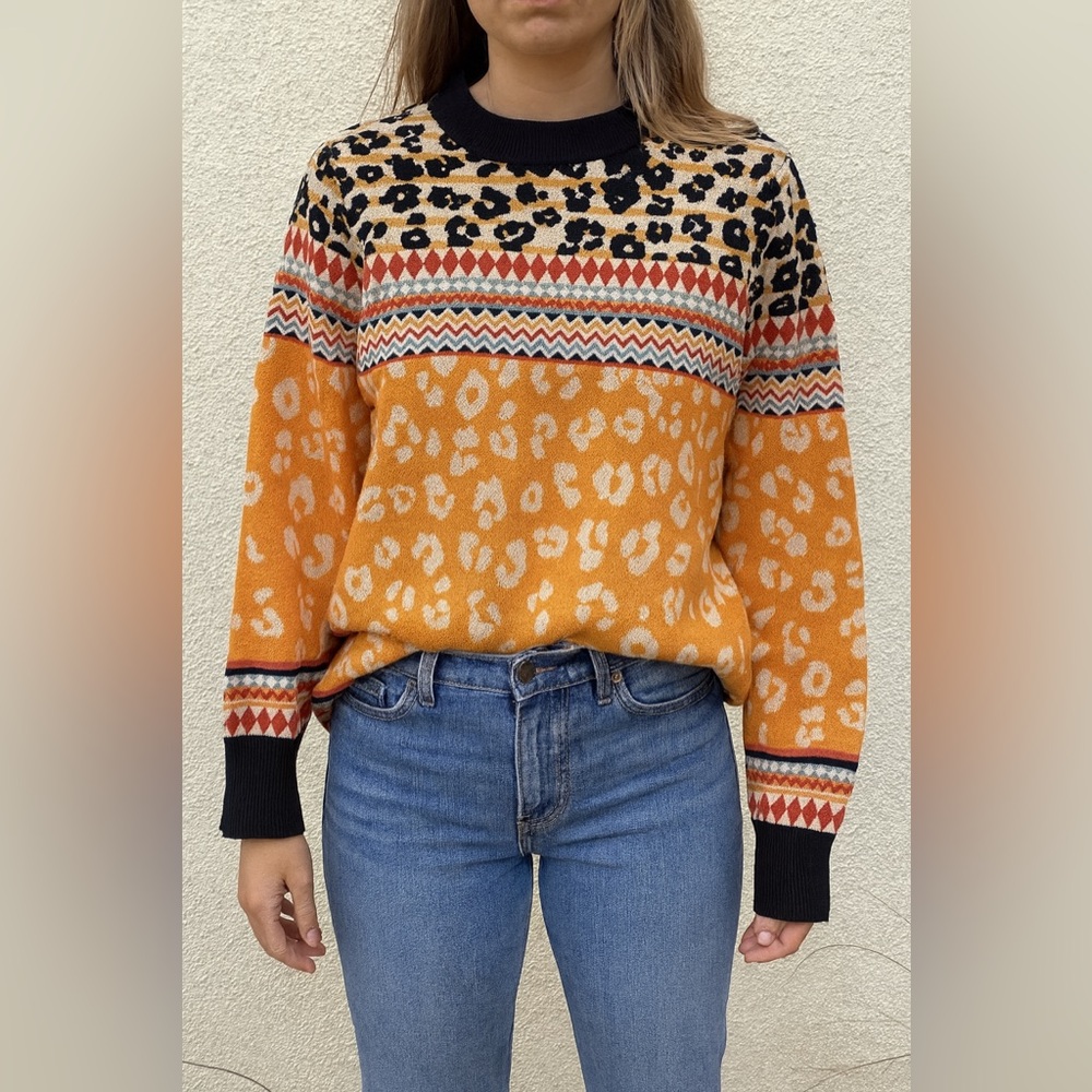 Andree By Unit Womens Crewneck Sweater Orange Boho Animal Print Southwest Small
